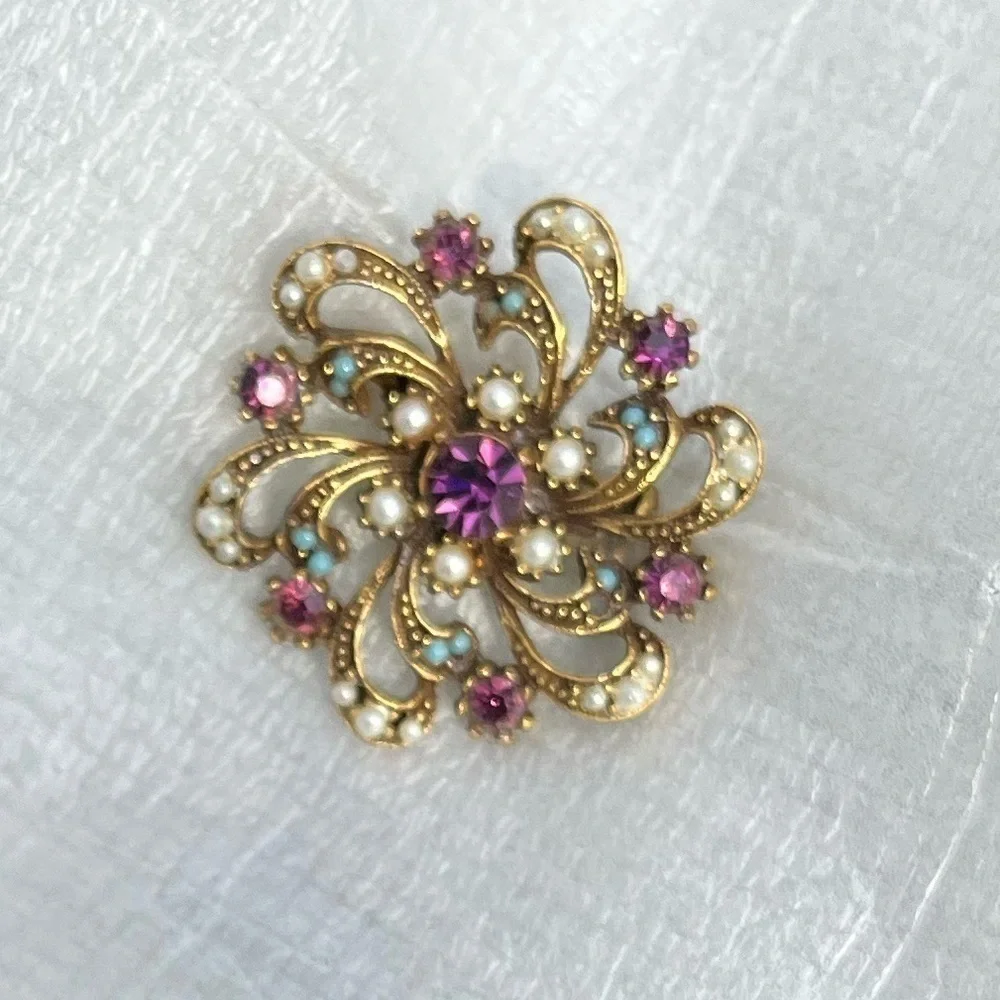 Vintage Purple Rhinestone Brooch Pin with Blue and Pearl Accents